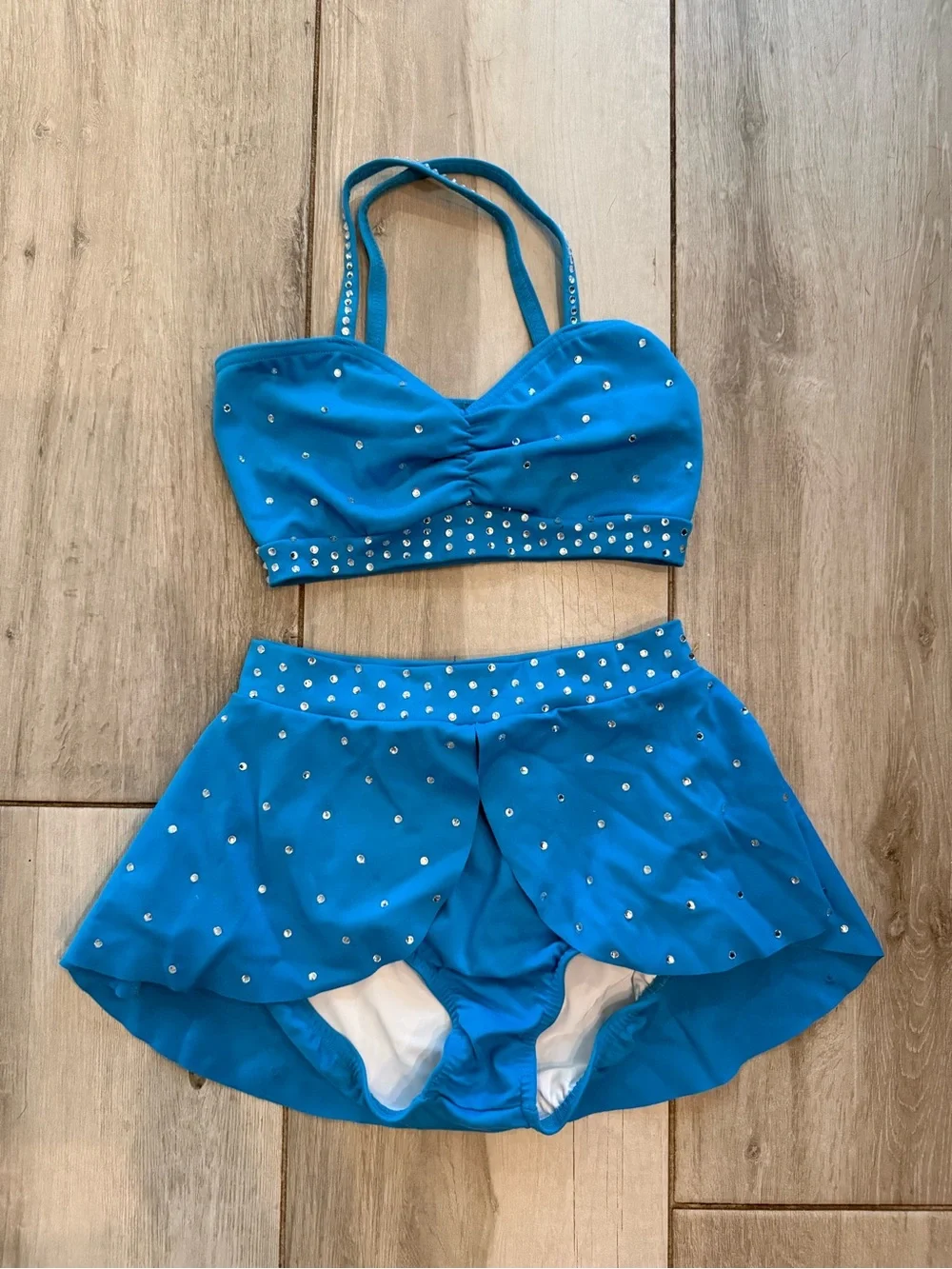 Girls Blue Dance Two-Piece Performance Set with Rhinestone Trim